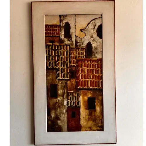 Alfredo Mucci - "Casario Fachada", óleo sobre tela de 111 x 70 cm e assinada à mão