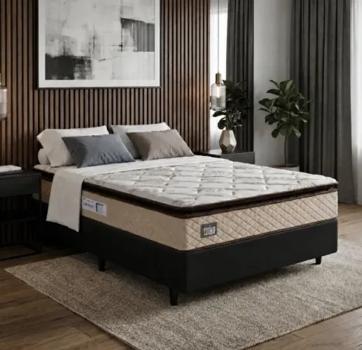 Conjunto Colchão Casal Ortopédico D33 + Base Box Corino Preto Konfernoir 138x188 cm