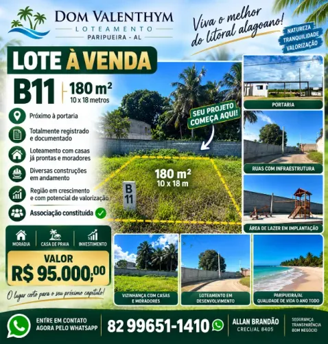 Terreno 180m² Dom Valenthym - Paripueira - Investimento