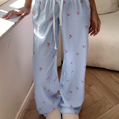 Calca De Pijama Feminina Listrada Com Lacinhos Confortavel SHEIN