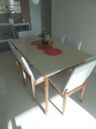 Mesa de Jantar com 6 Cadeiras - Tampo de Vidro Branco Off-White