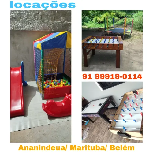 Pula pula, casinha de bolinhas, mesa de disco, pebolim, basquete, gangorra, escorregador