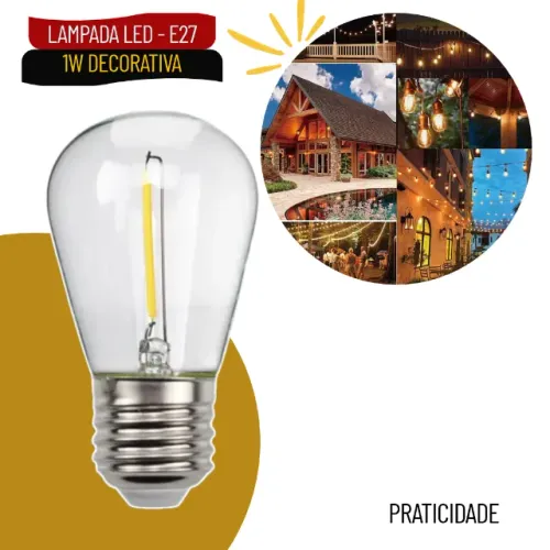 Lâmpada LED Decorativa 1W Filamento Branco Quente Inquebrável e Resistente à Água - SCS109