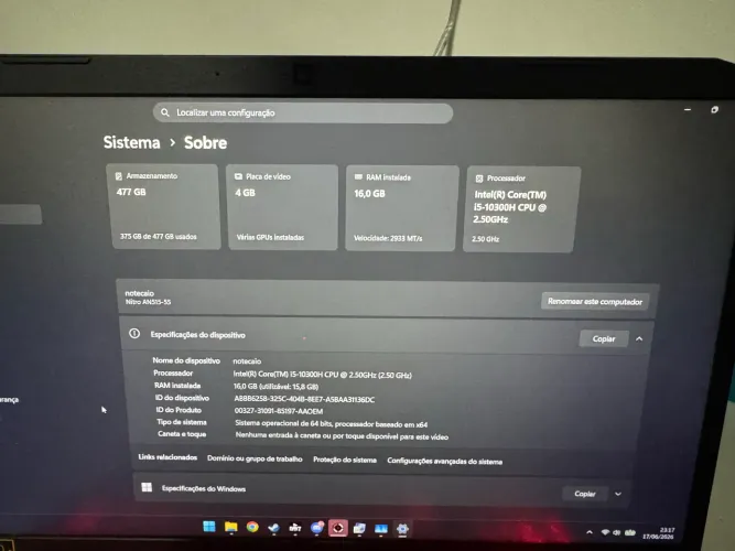 Notebook acer nitro 5  GTX1650