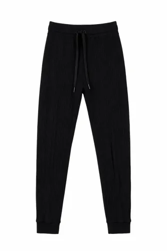 Calça Jogger Preta Canelada com Amarração