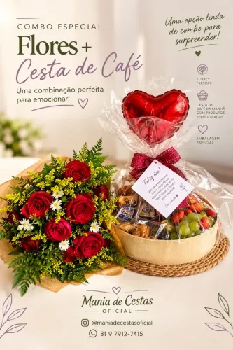 Cesta de café da manhã Premium e buquê de flores com entrega