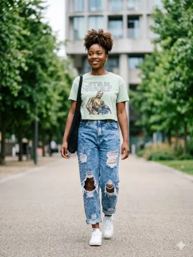 T-shirt+calça jeans destroid.