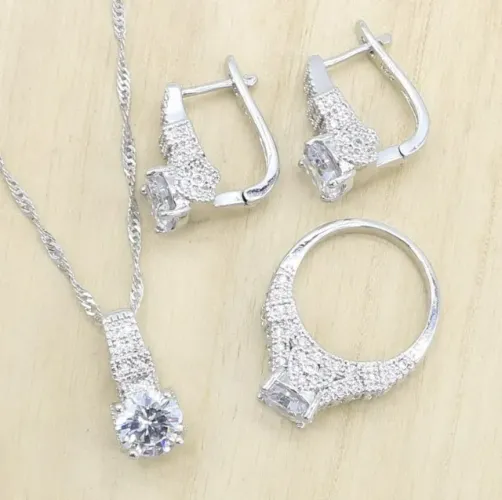 Conjunto de Prata AAA Colar + Brincos + Anel cor Branco em Pedras de Cristais + Zirconia