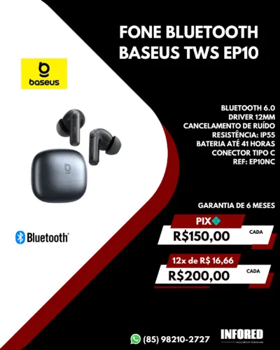 Fone Bluetooth Baseus TWS EP10