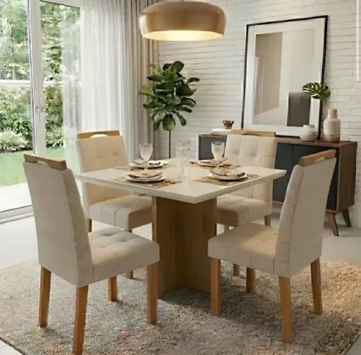 Conjunto Mesa Essenza 90 Cinamomo Off White com 4 Cadeiras Linho Bege