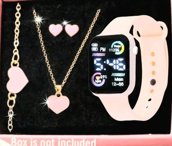 CONJUNTO RELÓGIO DIGITAL ROSA BEBÊ + KIT ACESSÓRIOS CORAÇÃO 