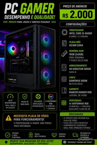 ? PC Gamer i5-10400F | 16GB RGB | HD 500GB | Fonte Gold | R$ 2.000