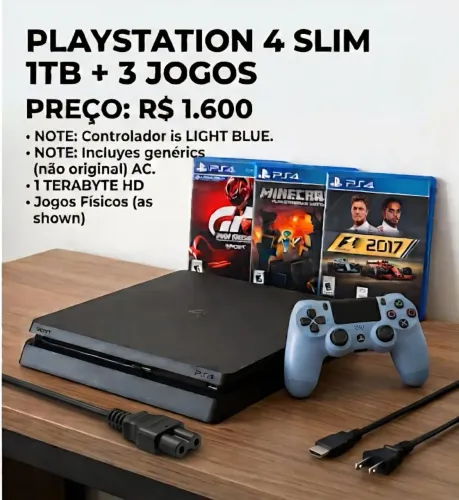 playstation 4 com 1tb e três jogos e um controle