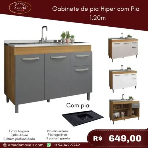 Gabinete de Pia Hiper com pia 1,20m, a pronta entrega