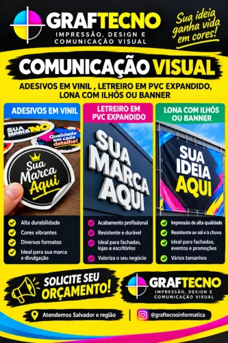comunicação visual: letreiro PVC expandido, lona com ilhós, adesivos vinil