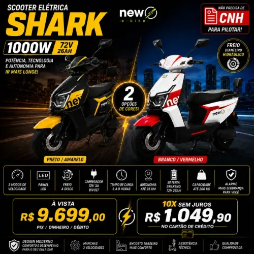 Scooter Elétrica New E-Bike Shark 1000W 72V Grafeno Até 95km Autonomia