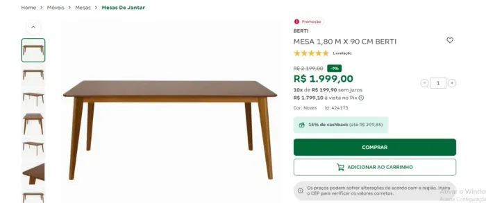 Mesa de Jantar TOKSTOK - NOVA 180X90cm