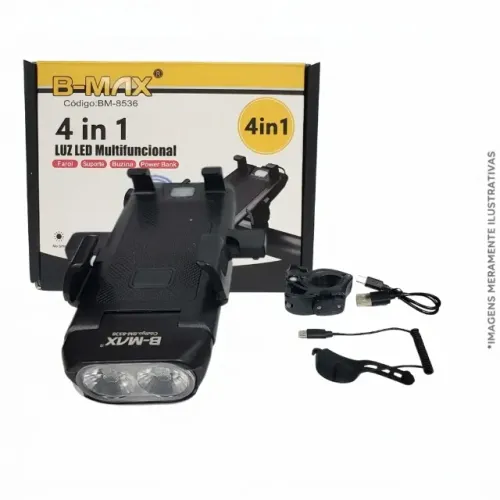 Farol de Bicicleta B-MAX BM-8536 4 em 1 com Buzina e Power Bank
