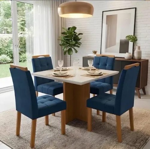 Conjunto Mesa Siena 90 Cinamomo Off White com 4 Cadeiras Veludo Azul