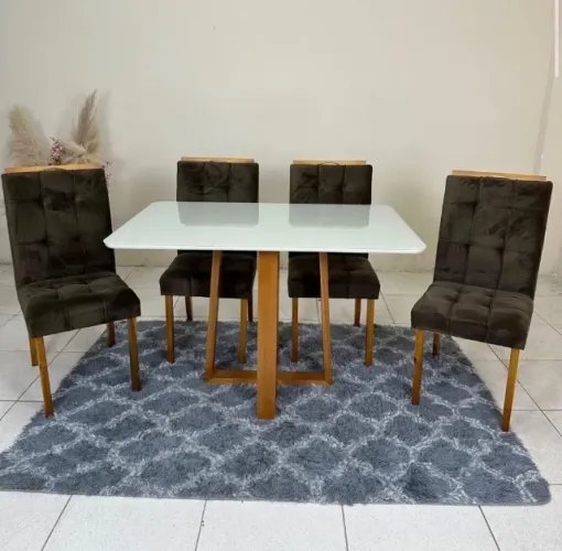 Conjunto Mesa Dallas 90 Mel Off White com 4 Cadeiras Veludo Marrom