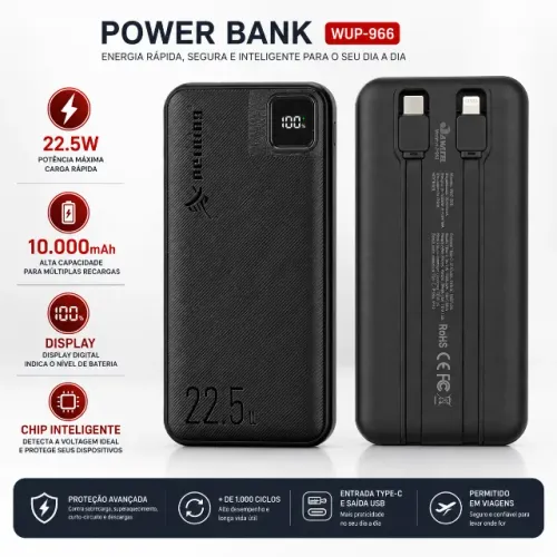 Power Bank 10000mah Carregador Portátil Super Rápido 22.5w,com Display Acompanha Cabo