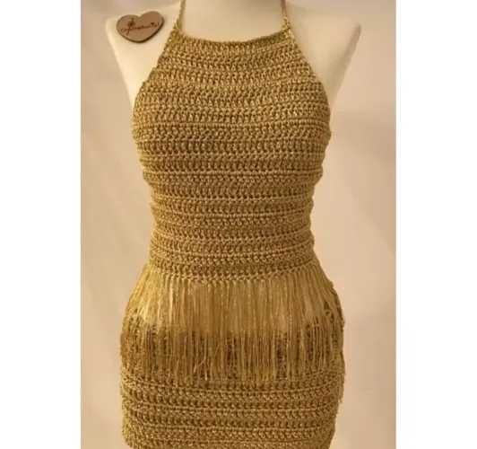 Conjunto Luxo Crochê Dourado Com Franjas RÉVEILLON