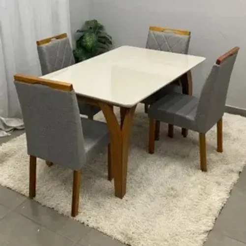 Mesa de Jantar Agata 135x90cm com Vidro e 4 Cadeiras California em Linho