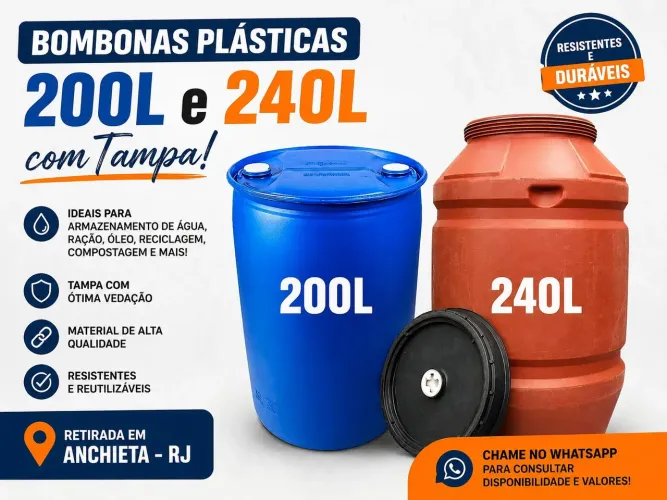 Bombona Plástica , Galão , Tonel 200L e 240L com Tampa - Promoção