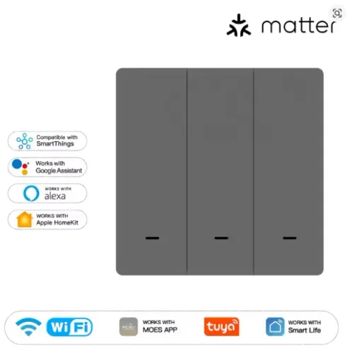 interruptor inteligente moes matter wifi 3 teclas cinza