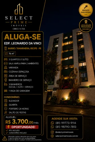 Aluga-se Apartamento no Edf. Leonardo da Vinci - Tamarineira | 3 Quartos | 76 m²