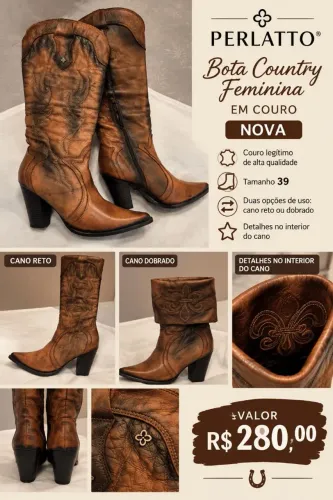 Bota Country Feminina de couro Perlatto