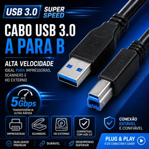 Cabo USB 3.0 A para B -- Alta Velocidade (SuperSpeed) ideal pra impressoras, scanner, e HD