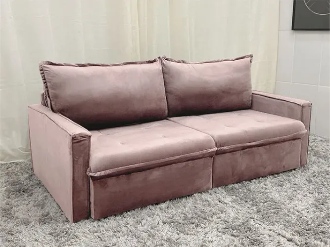 Sofá Cama 2,0 Veludão Rosê com Molas Design Moderno a43