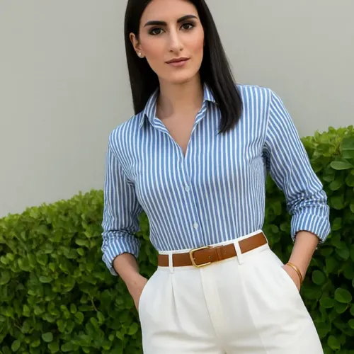 Conjunto Pantalona Branca + Camisa Listrada Nude | Look Sofisticado para Executivas