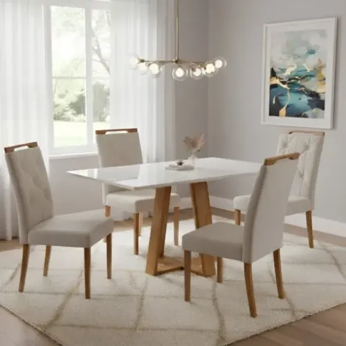 Mesa Ayres 120 Mel/Off White com 4 Cadeiras Yasmim Veludo Bege - VIEIRA DECOR