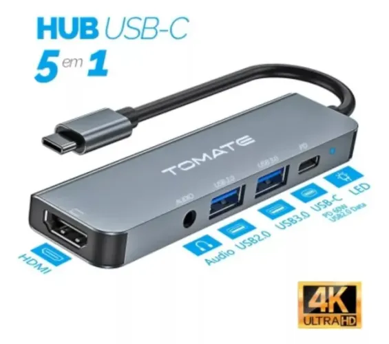Cabo Adaptador Hub Tipo C Hdmi  5 em 1 Hub Type-C HDmi USB 3.0 SD Tomate MTV615 