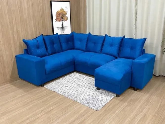 Sofá de Canto 5 Lugares com Chaise Suede Azul