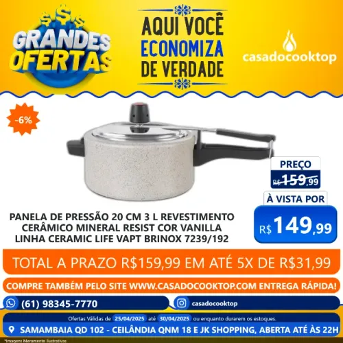 PANELA DE PRESSÃO 20 CM 3 L REVESTIMENTO CERÂMICO MINERAL RESIST COR VANILLA LINHA CERAMIC