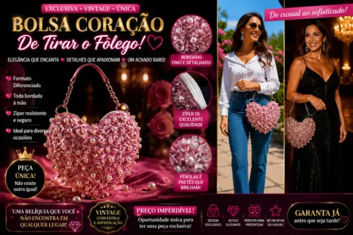 Bolsa Coração Vintage Luxo Bordada com Pérolas - Peça Exclusiva