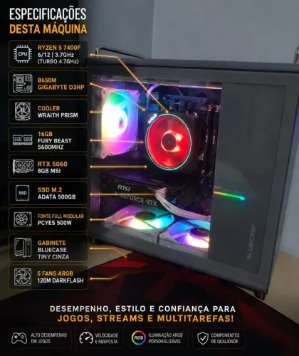 PC Gamer Ryzen 7400F RTX 5060 8GB 16GB Ram DDR5