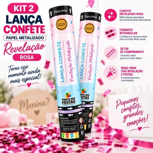 Kit 2 Lança Confete Papel Metalizado Rosa Revelação 30cm 20g