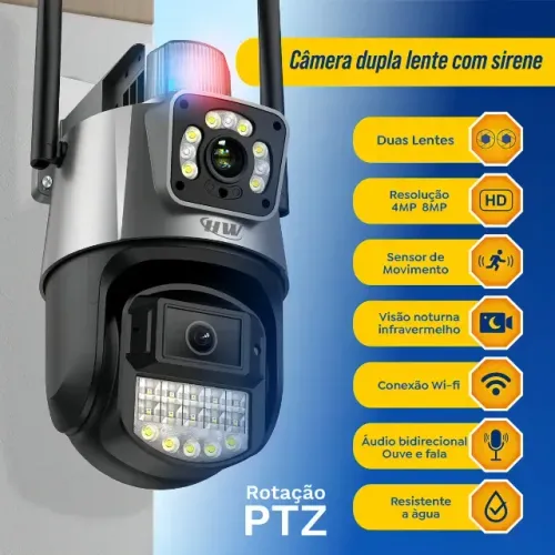 Câmera Segurança Wi-fi Ip Dual com Sirene Visão Noturna Colorida 355° App Icsee