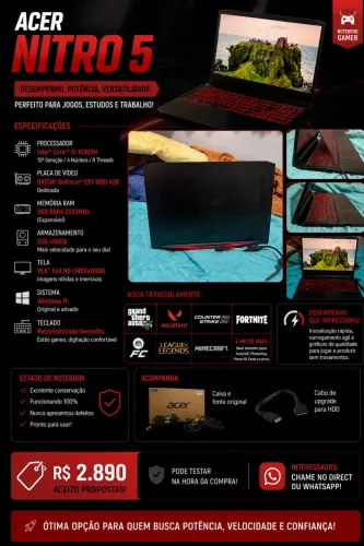 Acer Nitro 5 Gamer AN515-55 | i5 10ª Geração | GTX 1650 4GB | SSD 480GB | R$ 2.890