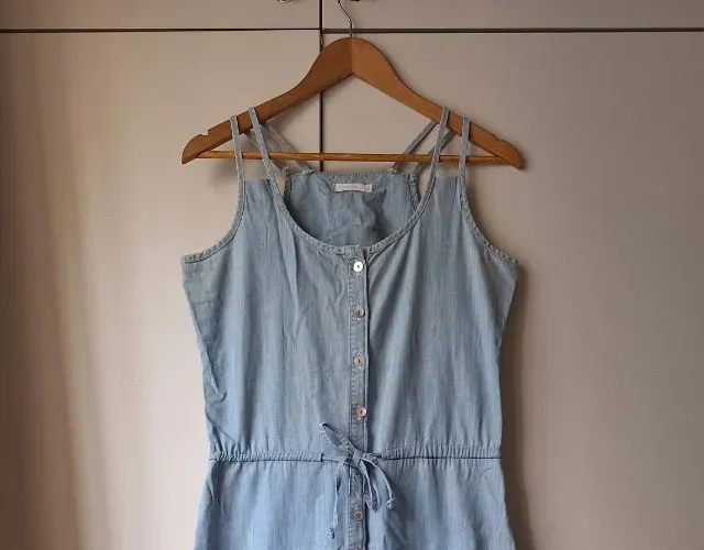 Vestido jeans reto, leve, longo, tam M, Marfinno