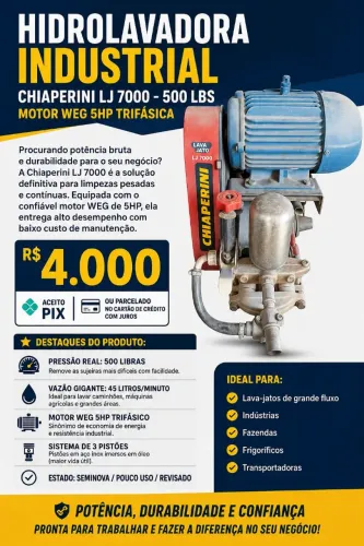 HIDROLAVADORA INDUSTRIAL Ch LJ7000<br>Chiaperini LJ 7000 - 500 LBS | Motor WEG 5HP Trifásica