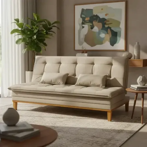 Sofá Cama Casal Reclinável Bege + Almofadas - Moderno e Muito Confortável