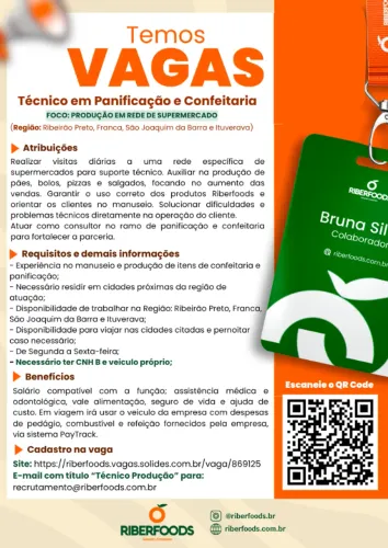 TÉCNICO EM PANIFICAÇÃO E CONFEITARIA (Foco: Produção em Rede de Supermercado) Região: Ribe