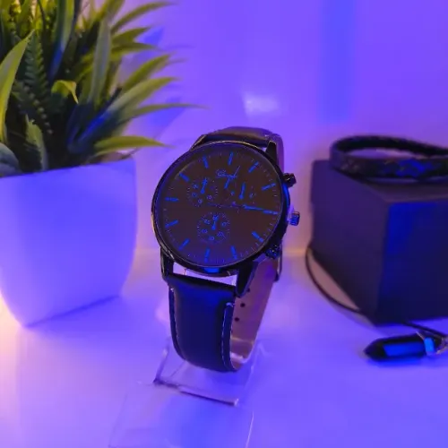 Relógio Masculino Couro BlackBlue Geneva® - Novo na Caixa + Pulseira e Colar