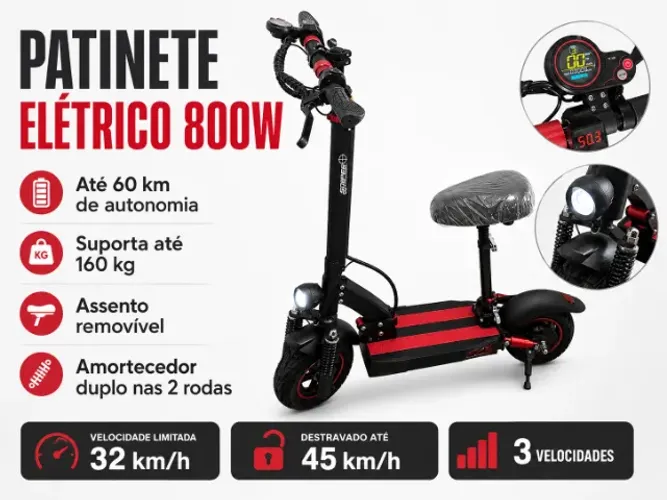**Patinete Elétrico com Assento Removível | Motor 800W | Amortecedor Duplo | Até 160 kg**