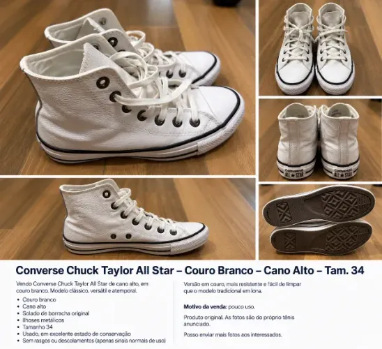 CONVERSE CHUCK TAYLOR ALL STAR - COURO BRANCO - CANO ALTO - TAM. 34